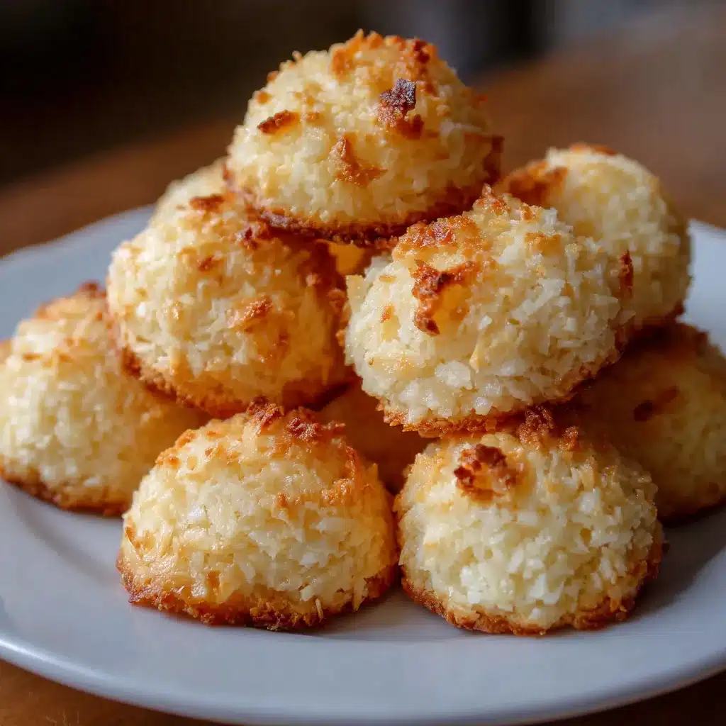 Cocadas caseras recién horneadas sobre una bandeja de horno con papel pergamino