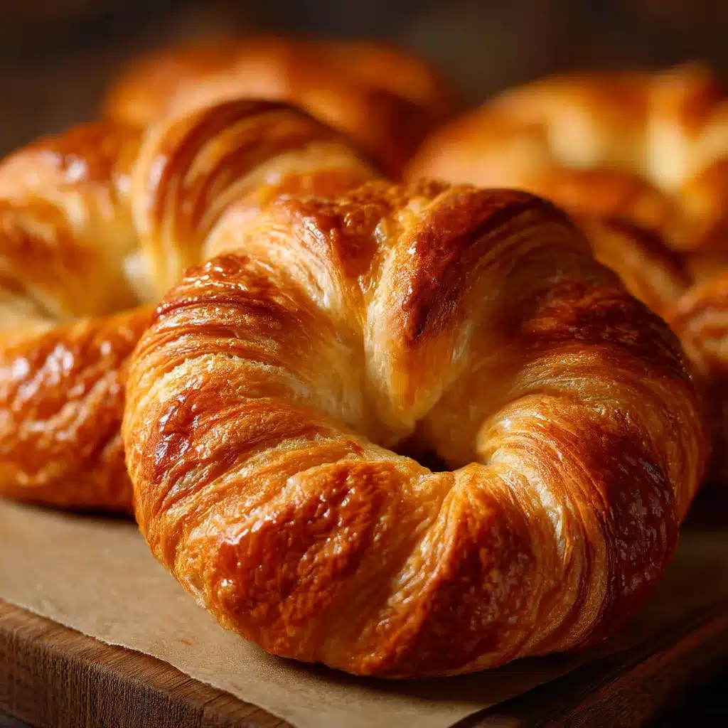 Croissants hojaldrados en forma de anillo dorados y recién horneados sobre una rejilla.