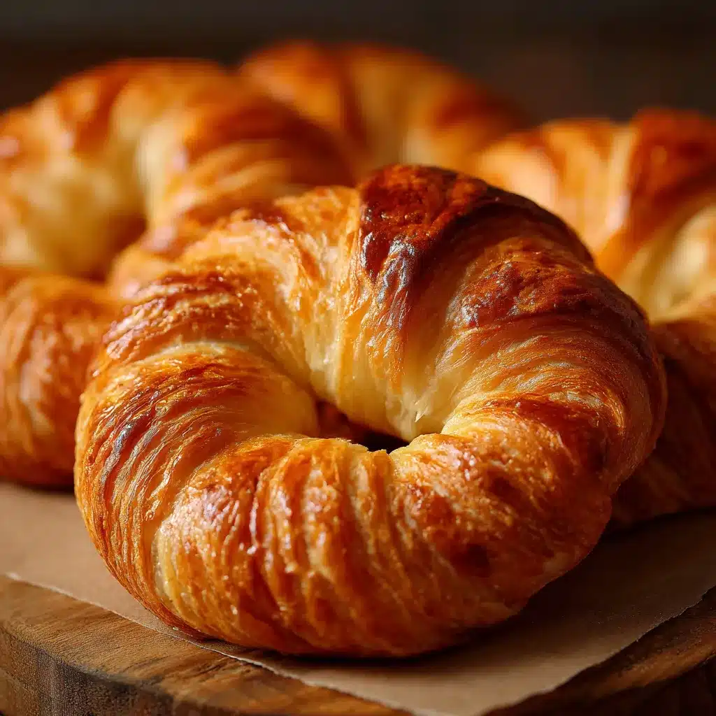 Croissants hojaldrados en forma de anillo dorados y recién horneados sobre una rejilla.