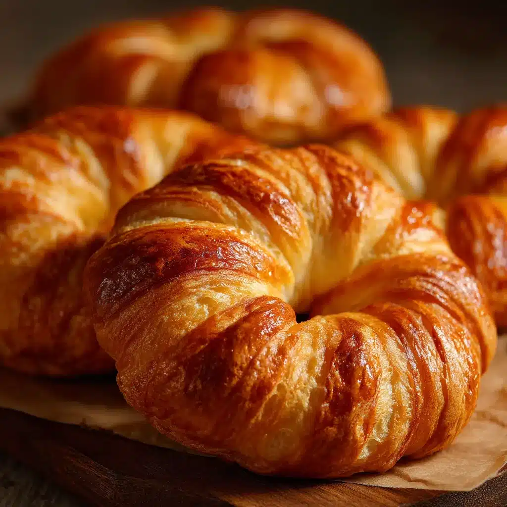 Croissants hojaldrados en forma de anillo dorados y recién horneados sobre una rejilla.