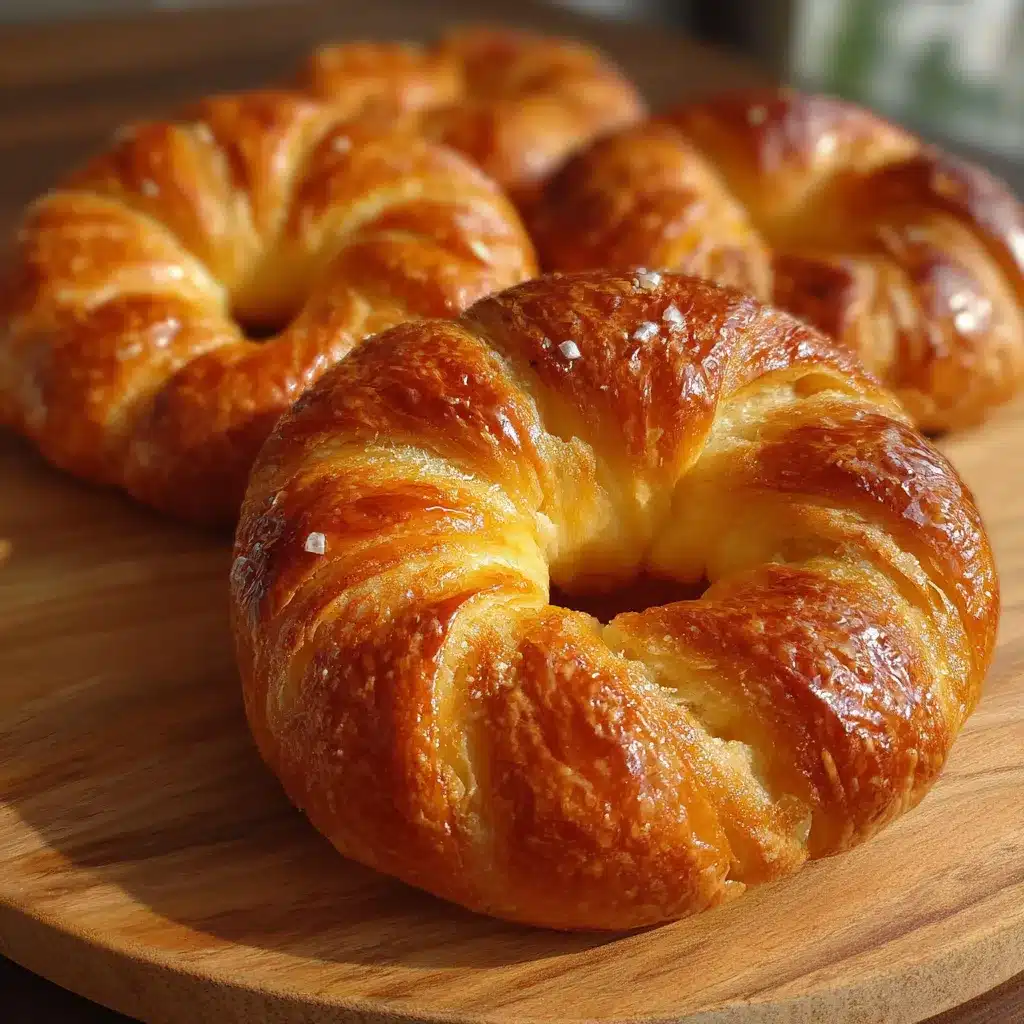 Croissants hojaldrados en forma de anillo dorados y recién horneados sobre una rejilla.