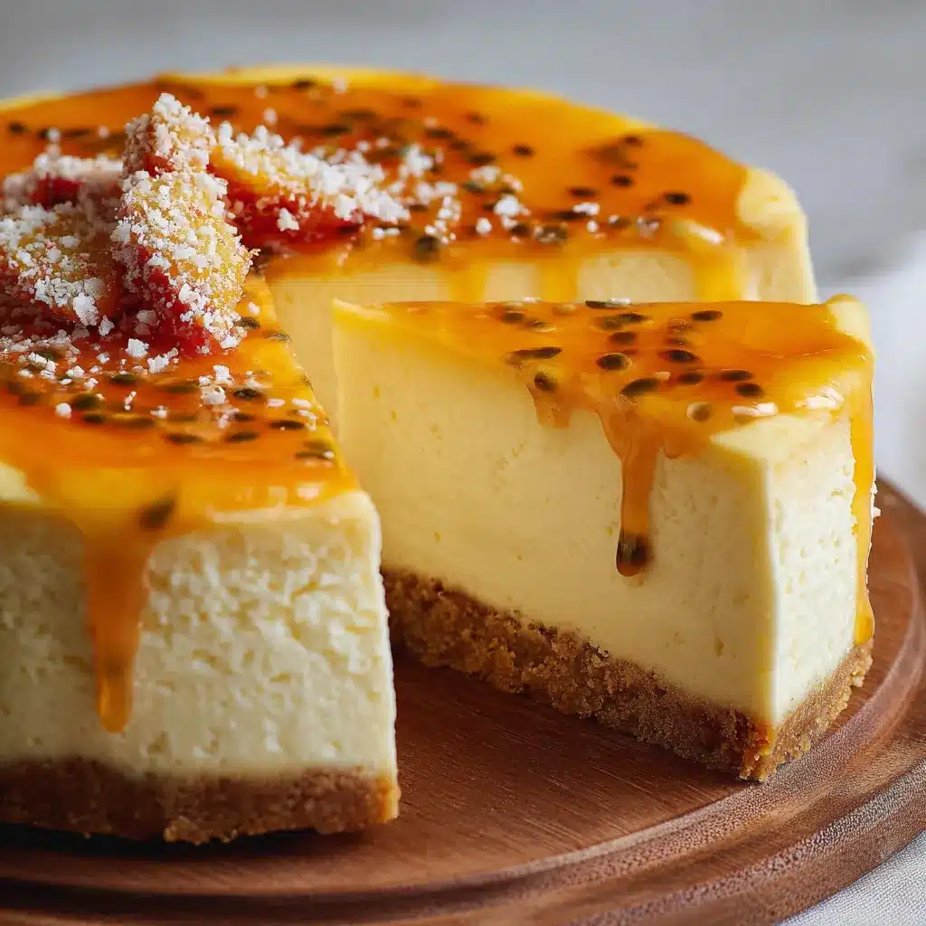 Cheesecake de maracuyá con base de galleta y cobertura brillante de fruta