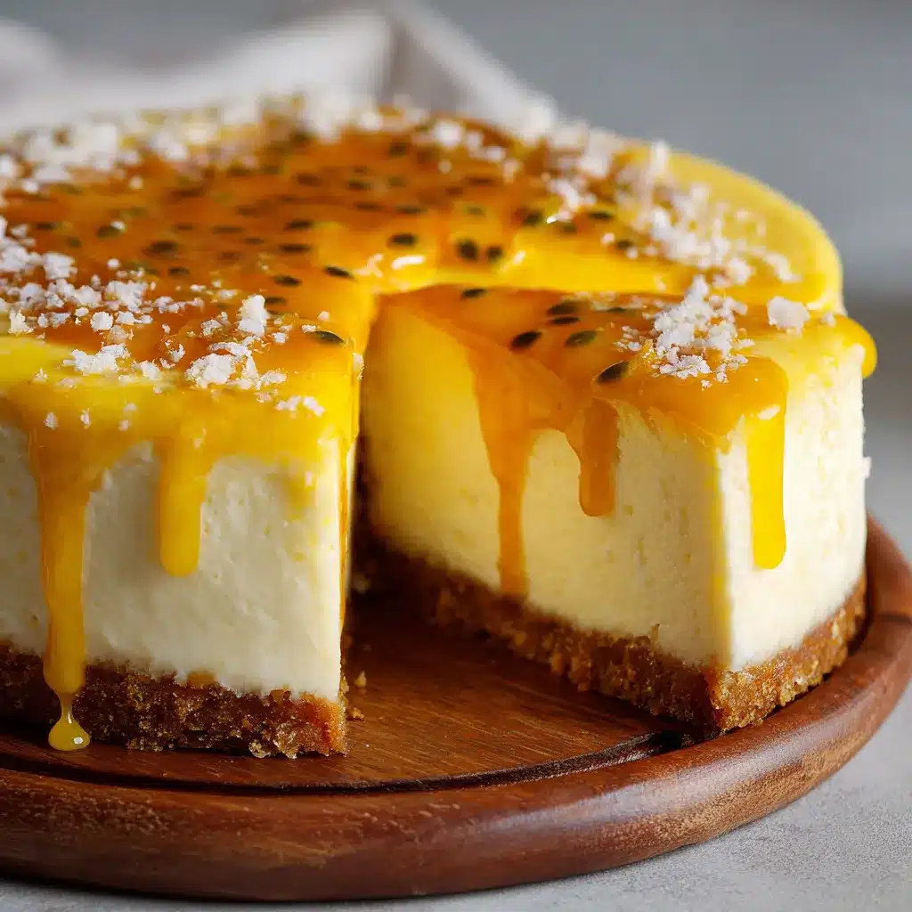 Cheesecake de maracuyá con base de galleta y cobertura brillante de fruta