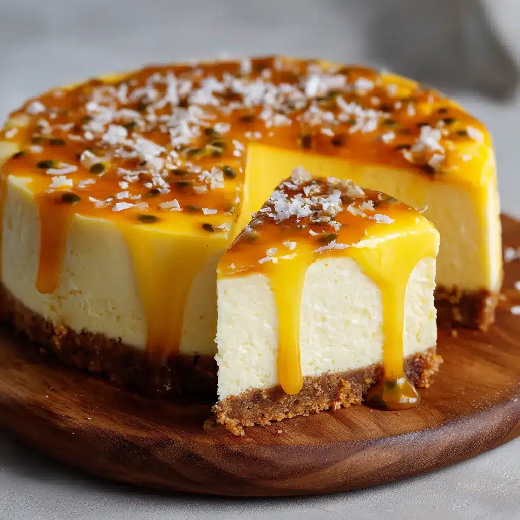 Cheesecake de maracuyá con base de galleta y cobertura brillante de fruta