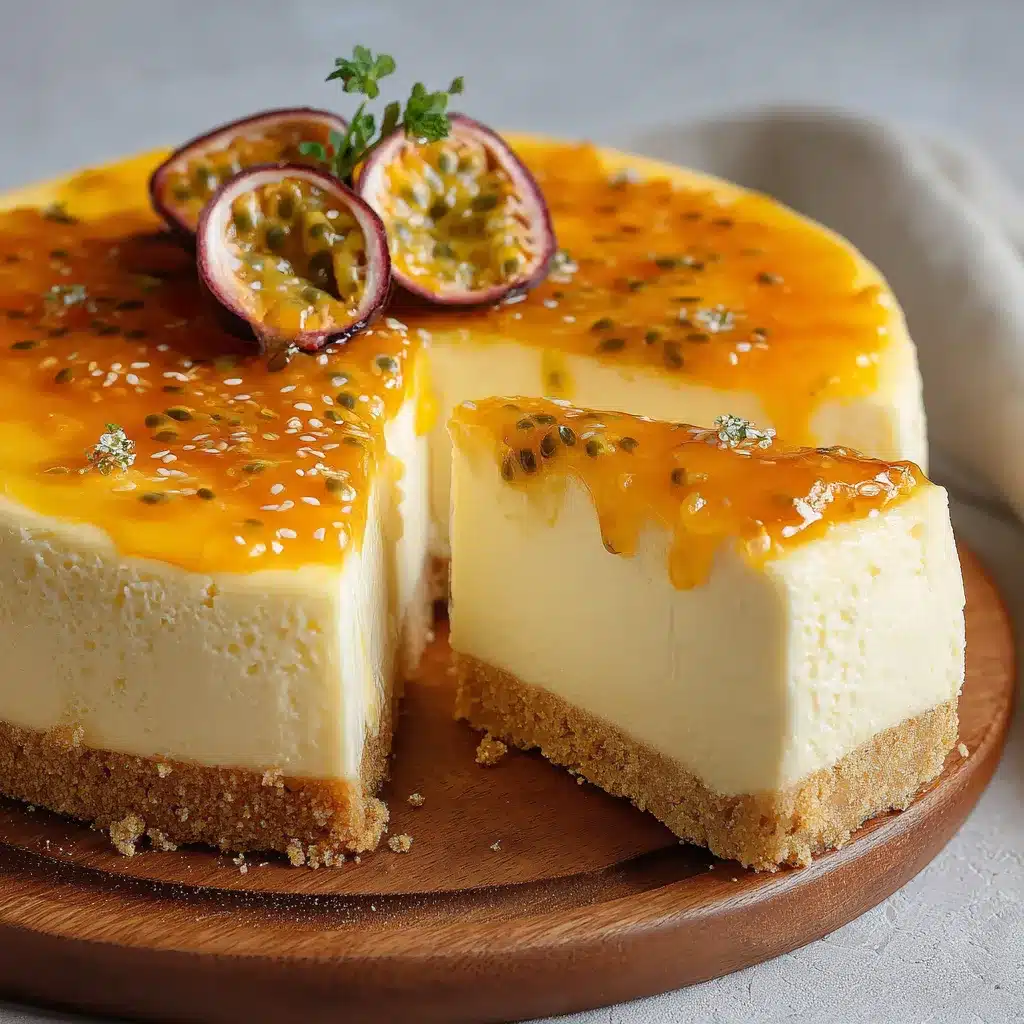 Cheesecake de maracuyá con base de galleta y cobertura brillante de fruta