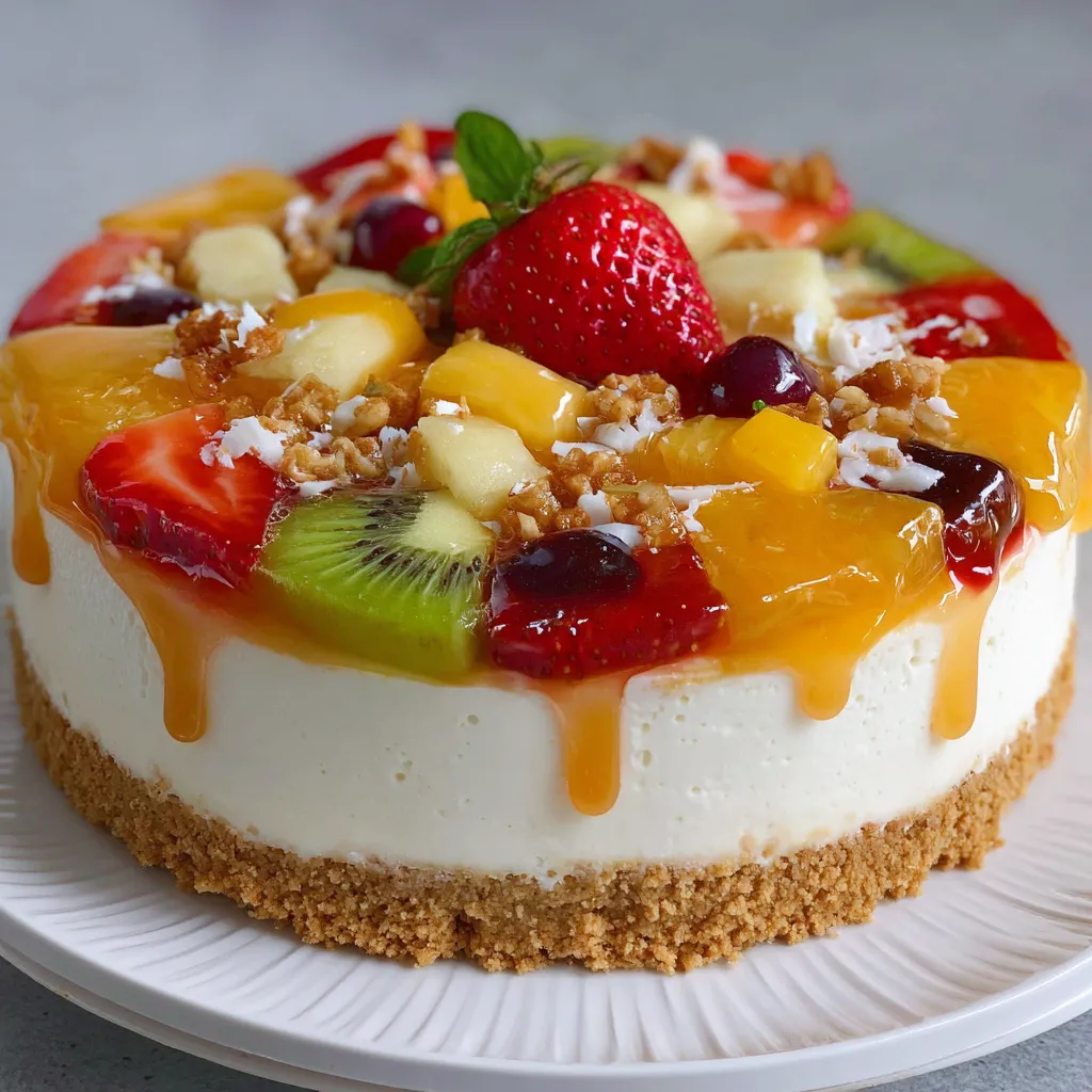 Cheesecake frío de frutas decorado con fresas, kiwi y arándanos en un plato blanco