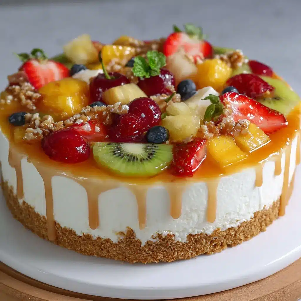 Cheesecake frío de frutas decorado con fresas, kiwi y arándanos en un plato blanco