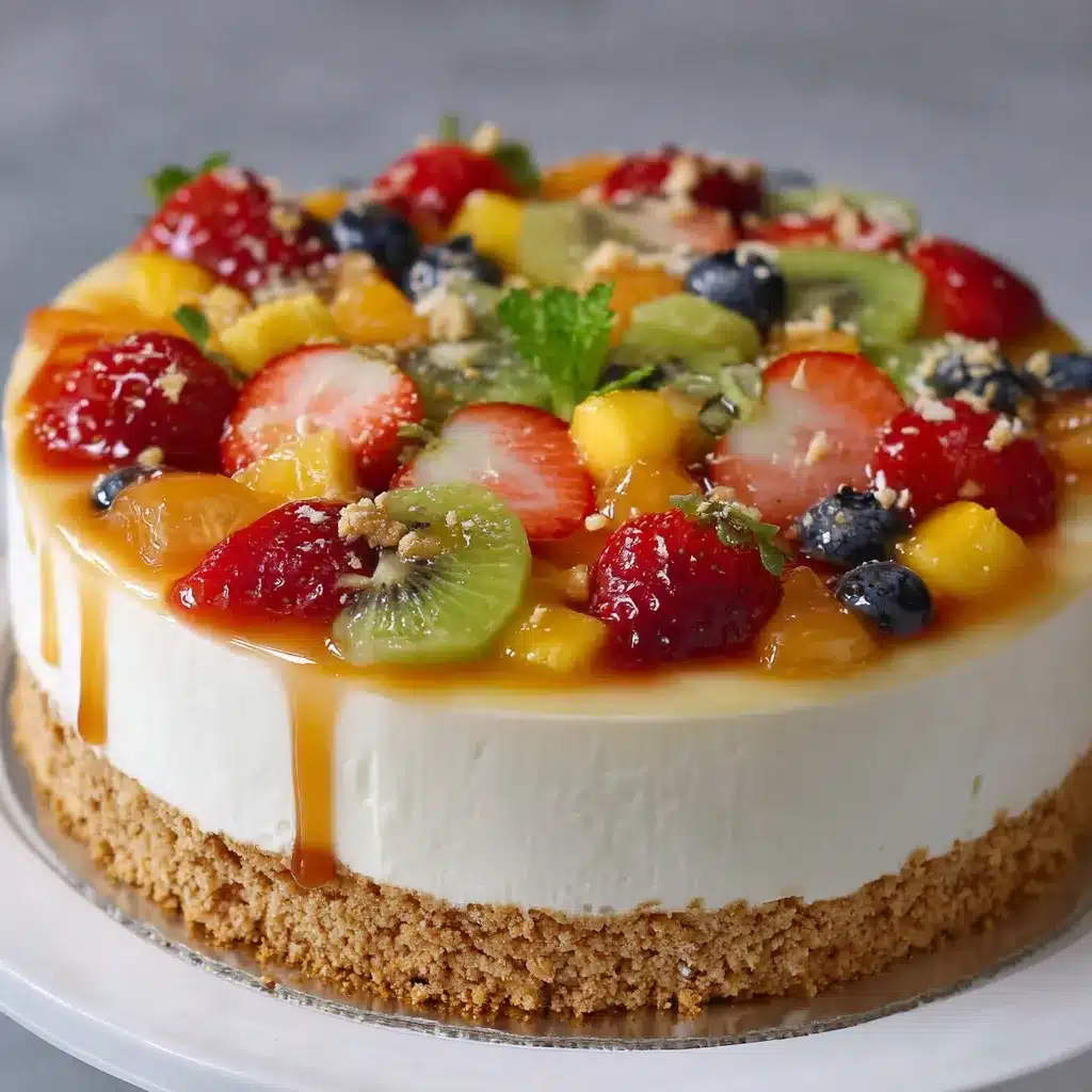 Cheesecake frío de frutas decorado con fresas, kiwi y arándanos en un plato blanco