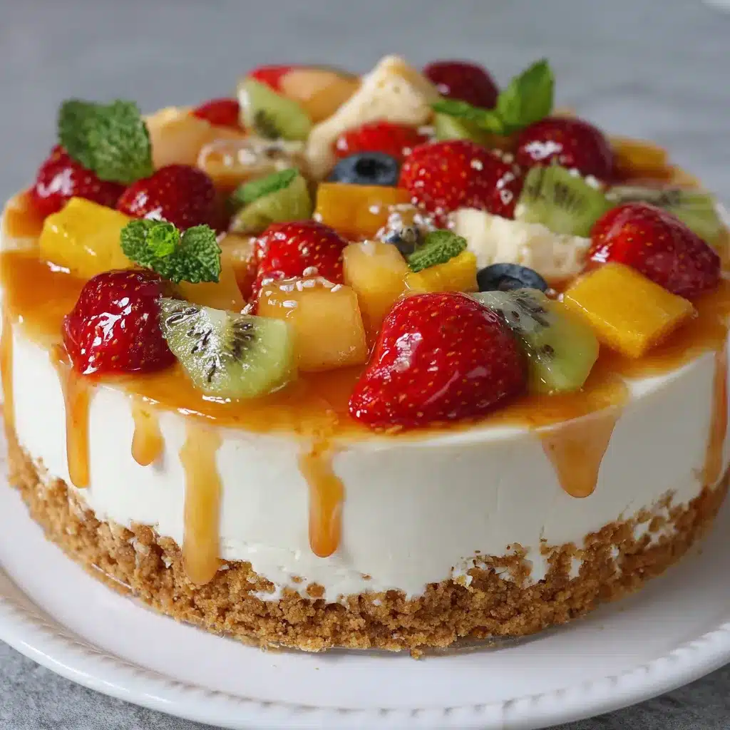 Cheesecake frío de frutas decorado con fresas, kiwi y arándanos en un plato blanco