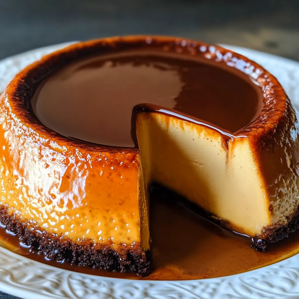 Chocoflán recién desmoldado con capas perfectas de flan y bizcocho de chocolate