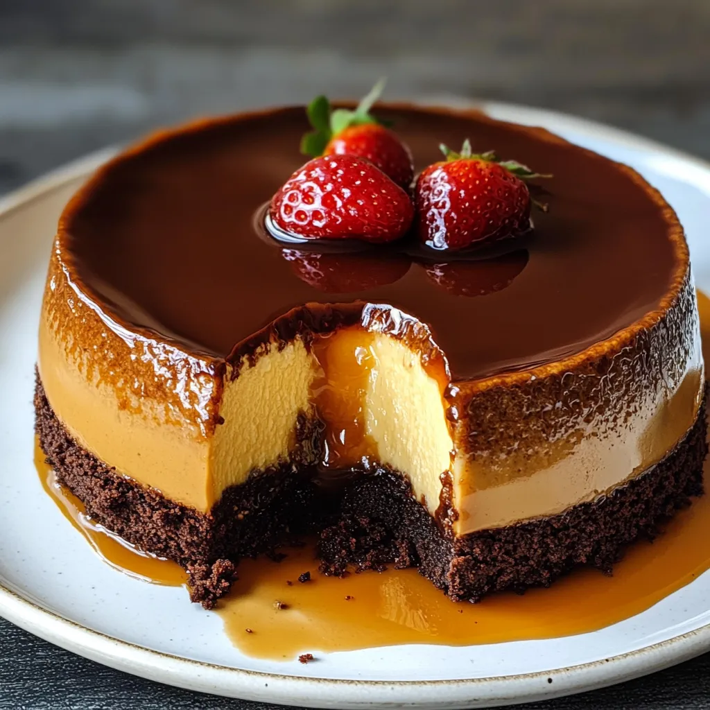 Chocoflán recién desmoldado con capas perfectas de flan y bizcocho de chocolate