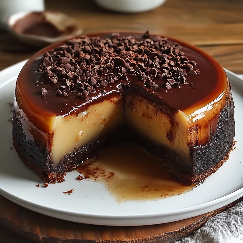Chocoflán recién desmoldado con capas perfectas de flan y bizcocho de chocolate