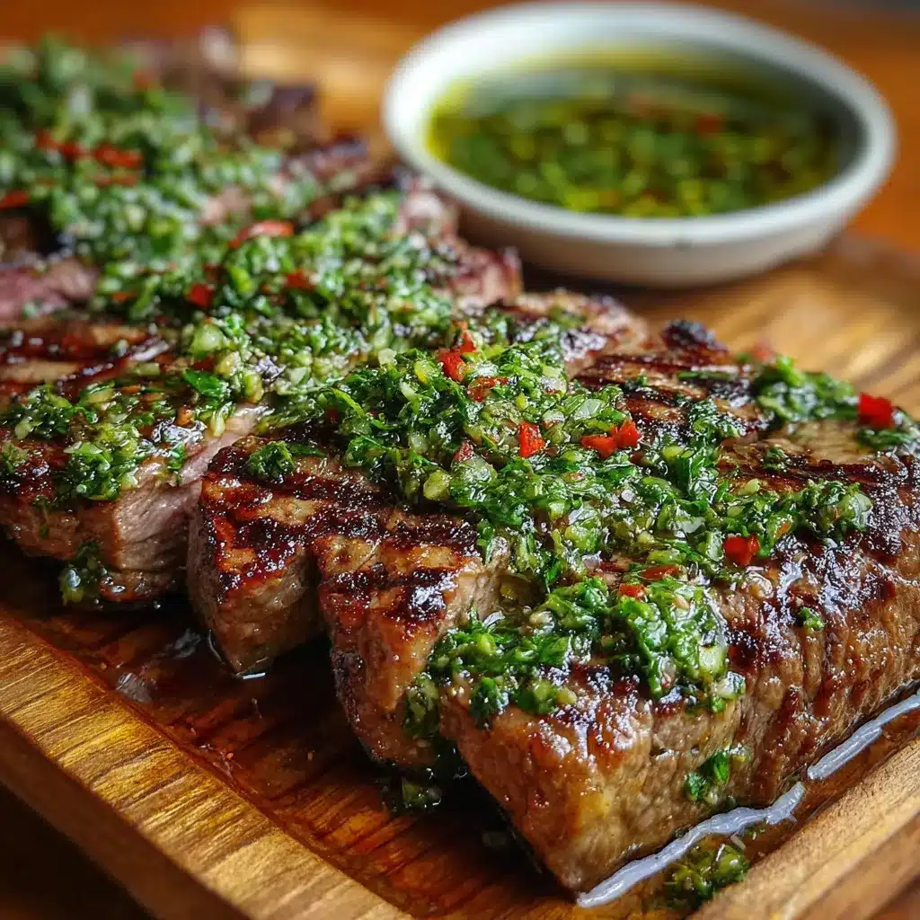 Churrasco de res jugoso servido con salsa chimichurri fresca y perejil