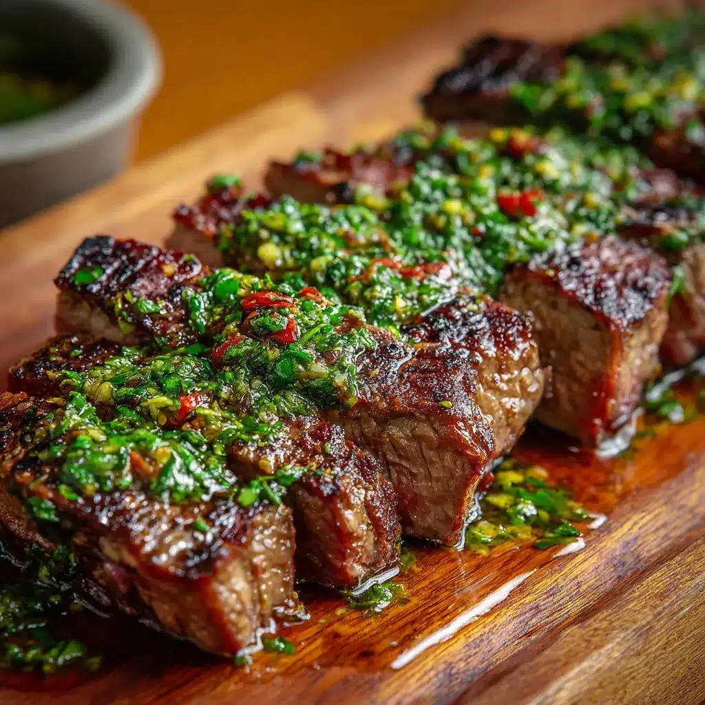 Churrasco de res jugoso servido con salsa chimichurri fresca y perejil