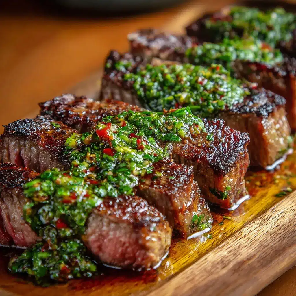 Churrasco de res jugoso servido con salsa chimichurri fresca y perejil