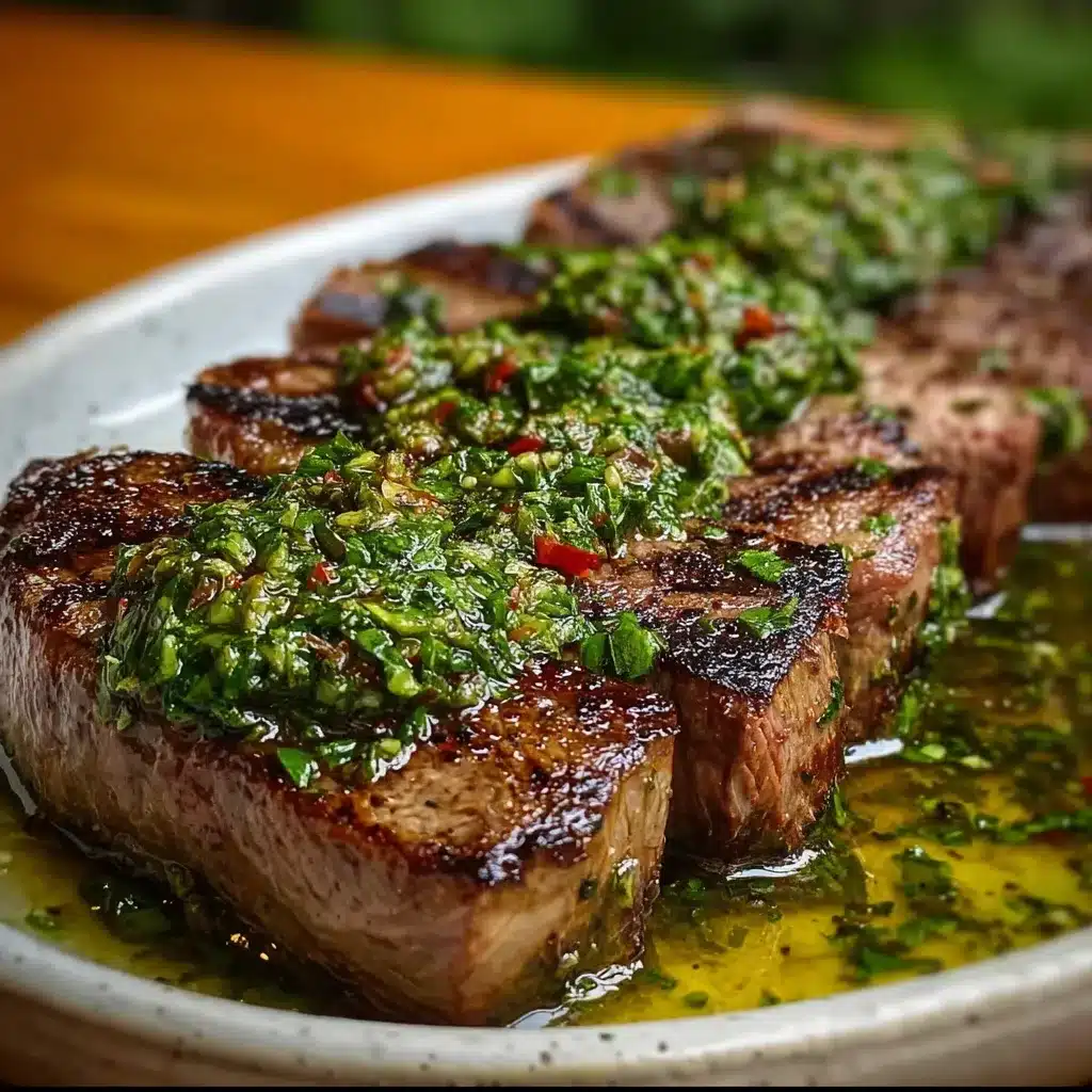 Churrasco de res jugoso servido con salsa chimichurri fresca y perejil