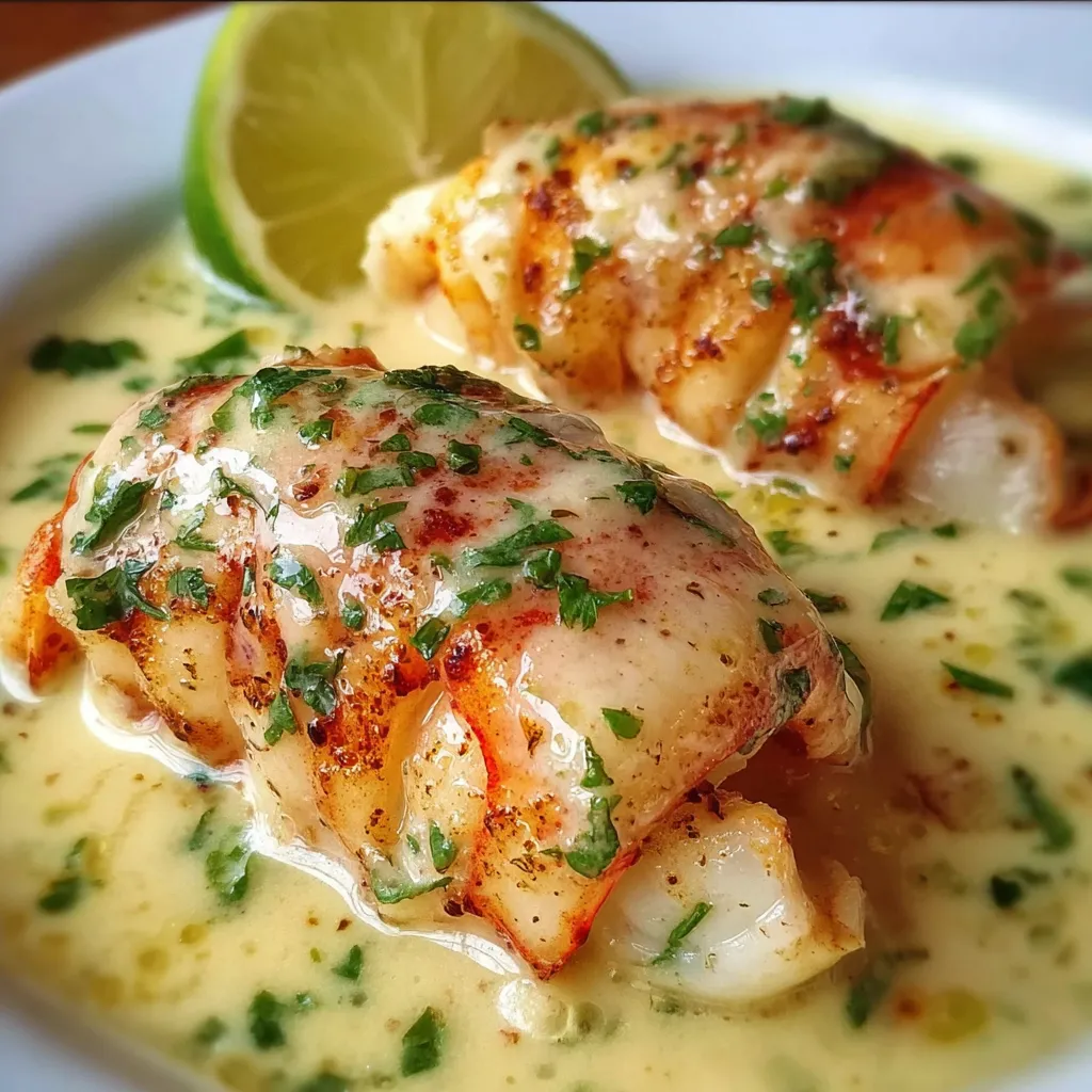 Colas de marisco bañadas en salsa cremosa de limón sobre plato blanco