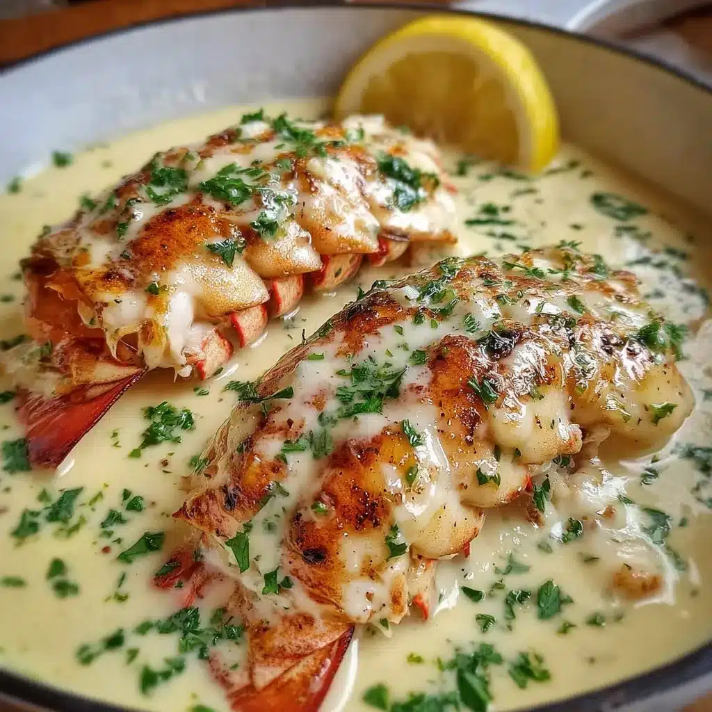 Colas de marisco bañadas en salsa cremosa de limón sobre plato blanco