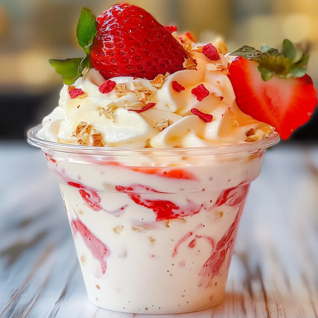 Crema para fresas y gelatina servida en copas de vidrio con fresas frescas al lado.