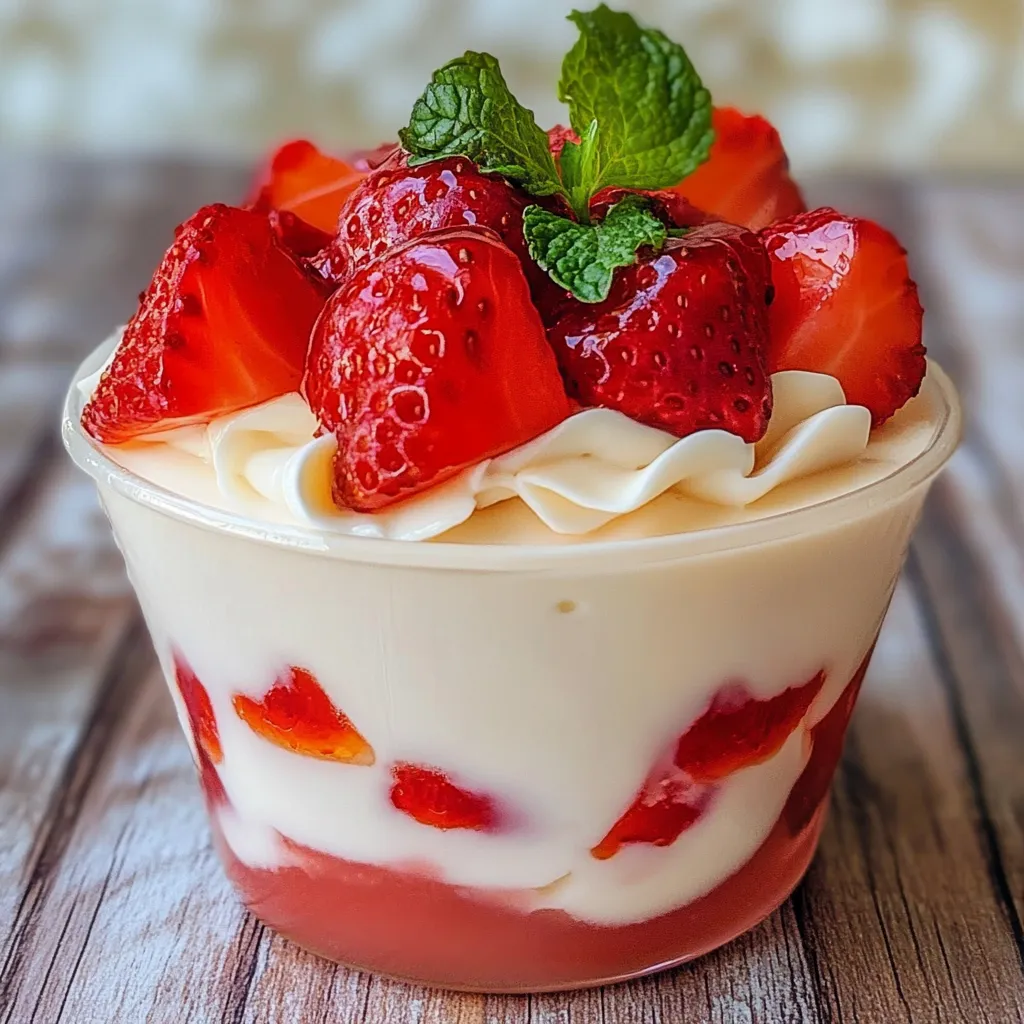 Crema para fresas y gelatina servida en copas de vidrio con fresas frescas al lado.