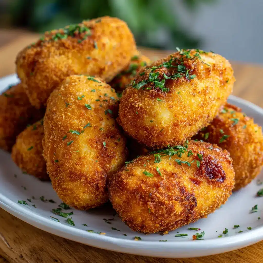 Croquetas caseras de pollo doradas y crujientes servidas en un plato