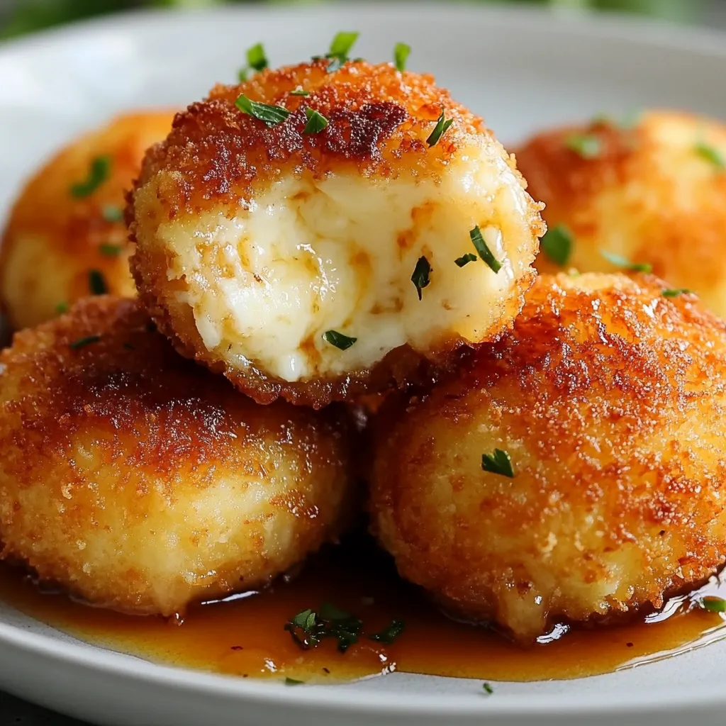Croquetas de queso de cabra y cebolla caramelizada crujientes servidas en un plato blanco