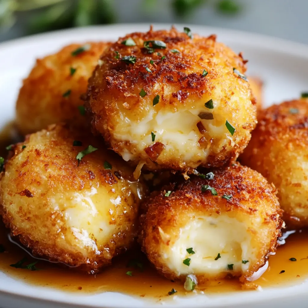 Croquetas de queso de cabra y cebolla caramelizada crujientes servidas en un plato blanco