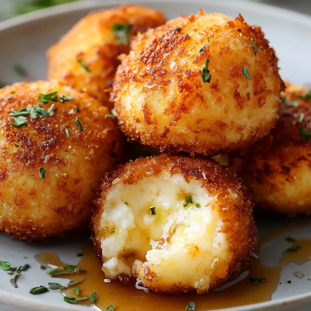 Croquetas de queso de cabra y cebolla caramelizada crujientes servidas en un plato blanco