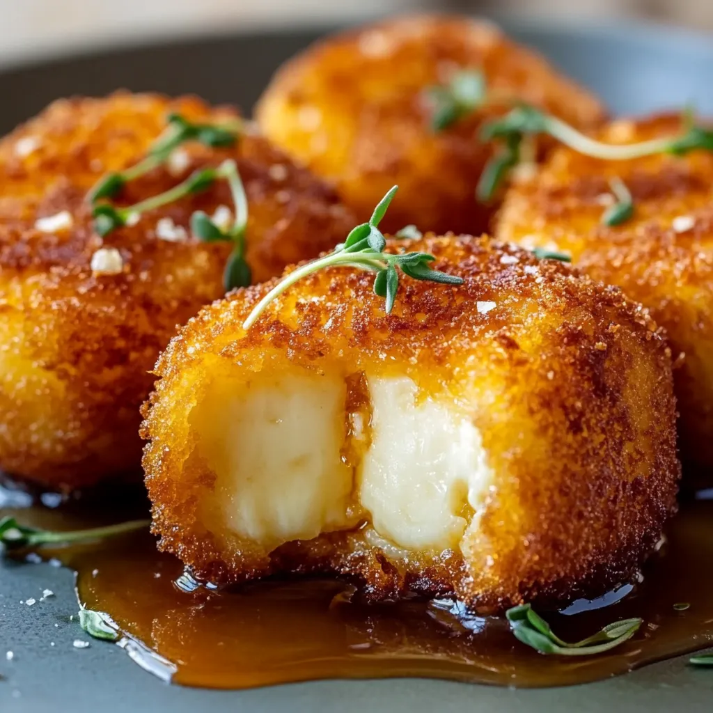 Croquetas de queso de cabra y cebolla caramelizada crujientes servidas en un plato blanco