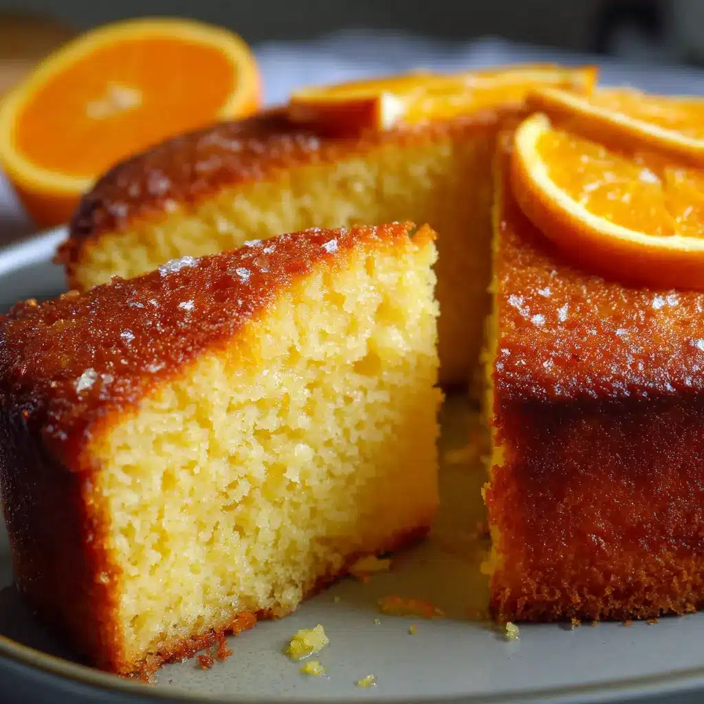 Pastel casero de naranja recién horneado y esponjoso en un plato de cerámica