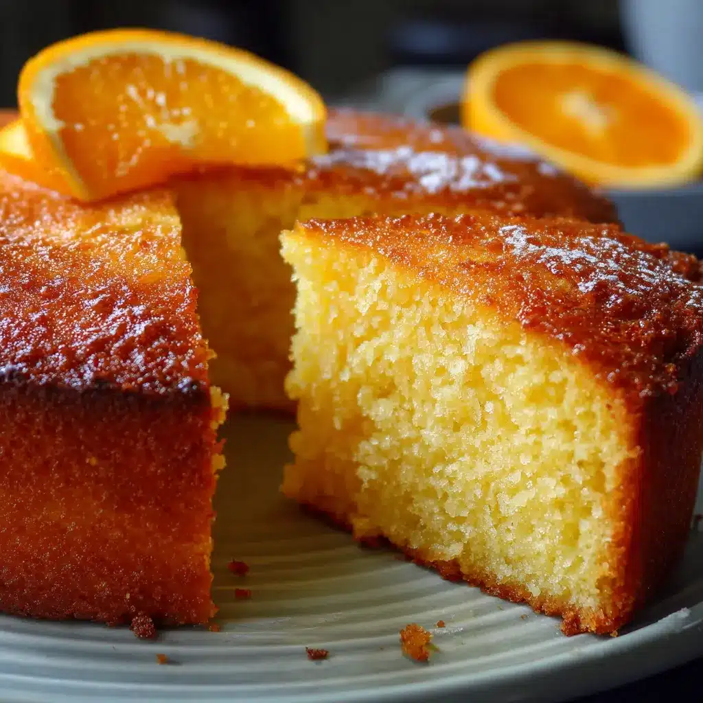 Pastel casero de naranja recién horneado y esponjoso en un plato de cerámica