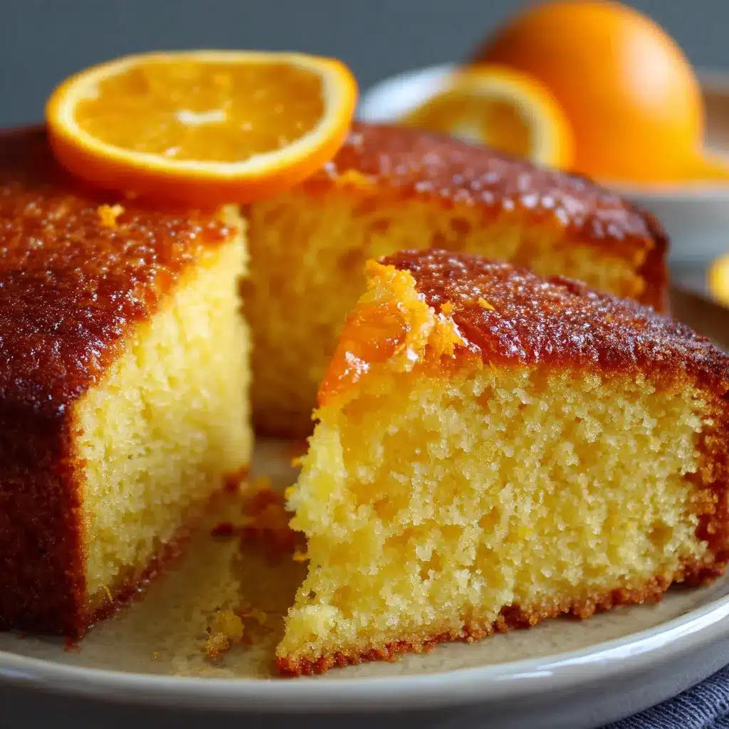 Pastel casero de naranja recién horneado y esponjoso en un plato de cerámica
