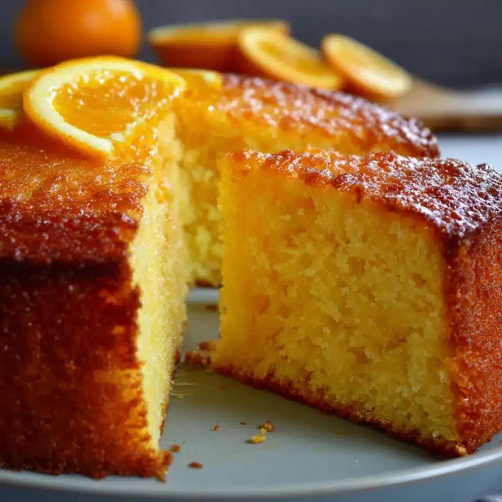 Pastel casero de naranja recién horneado y esponjoso en un plato de cerámica