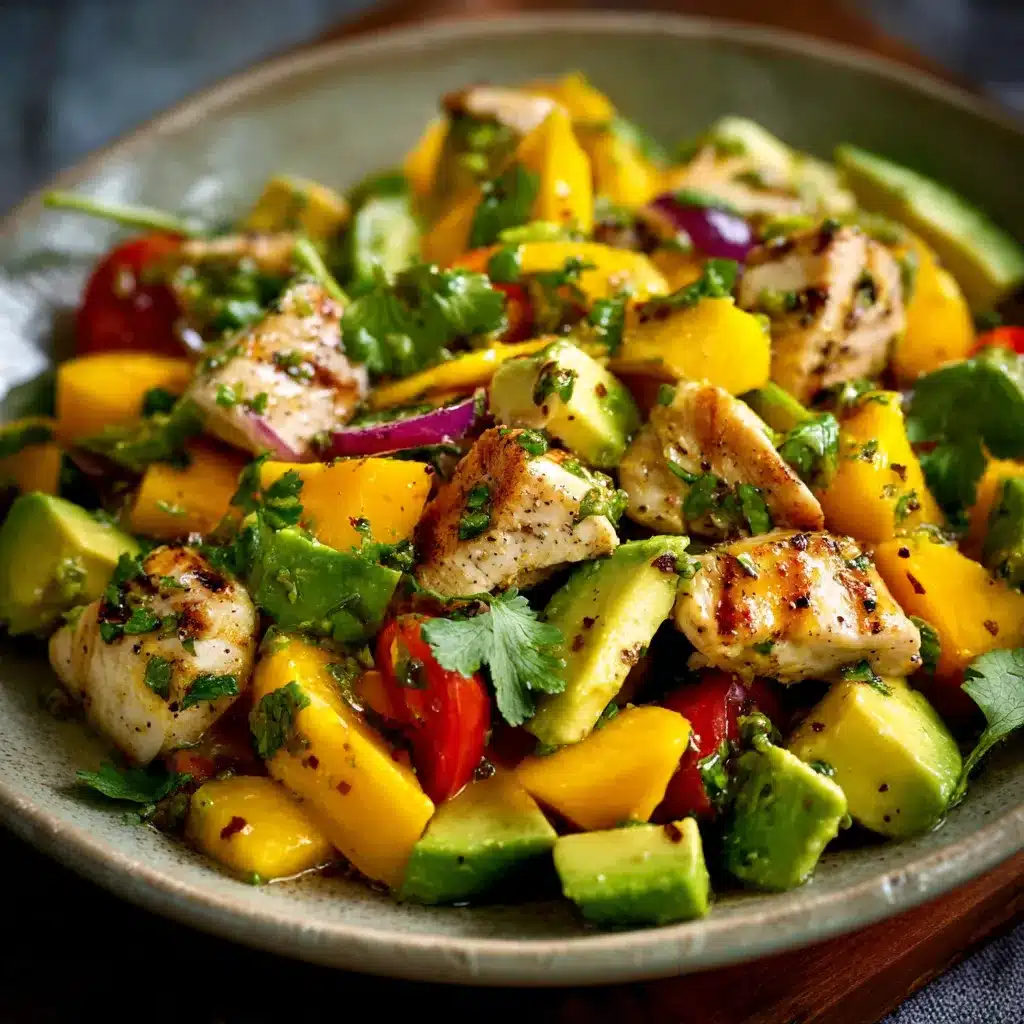 Ensalada de pollo, mango y aguacate servida en un bol con hojas verdes