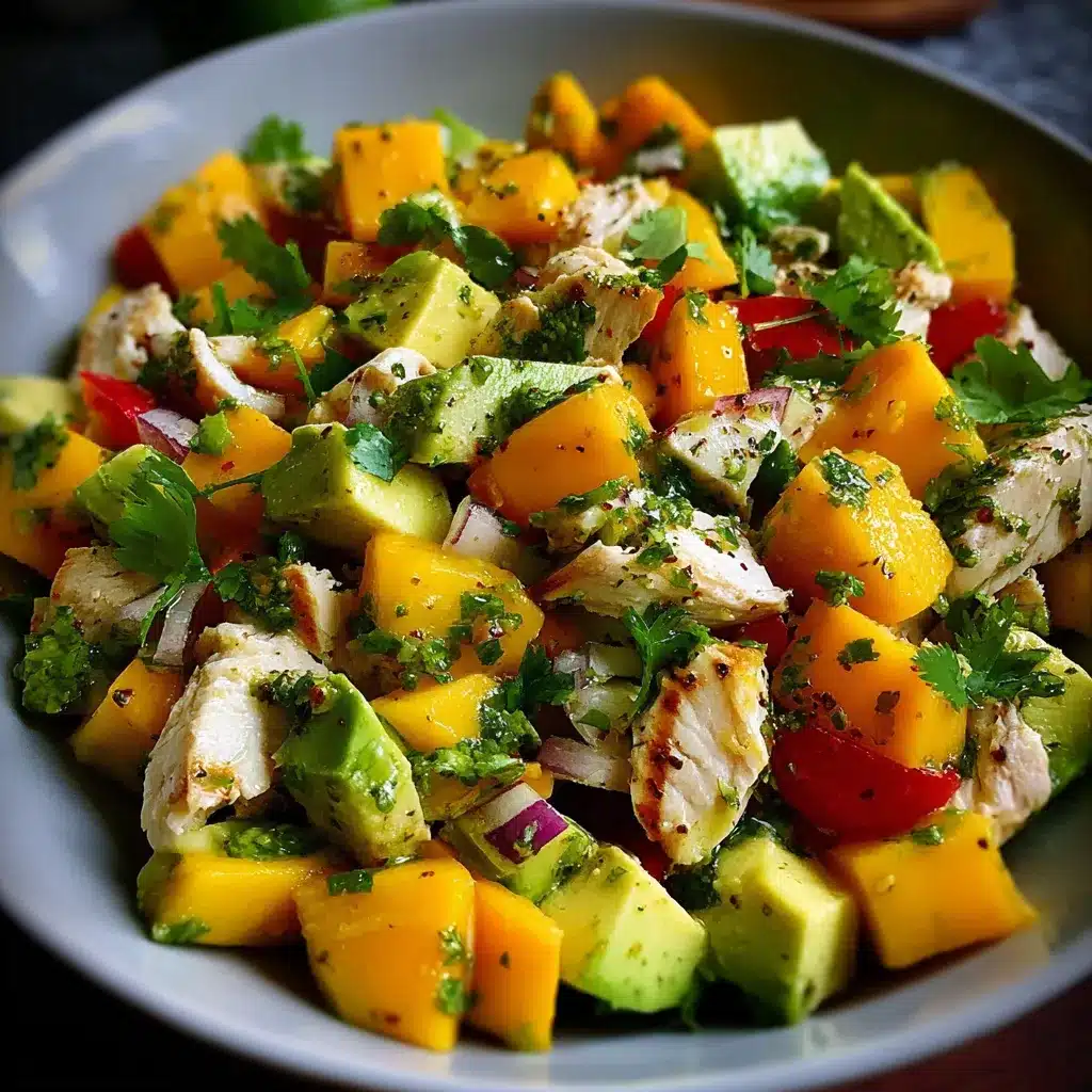 Ensalada de pollo, mango y aguacate servida en un bol con hojas verdes