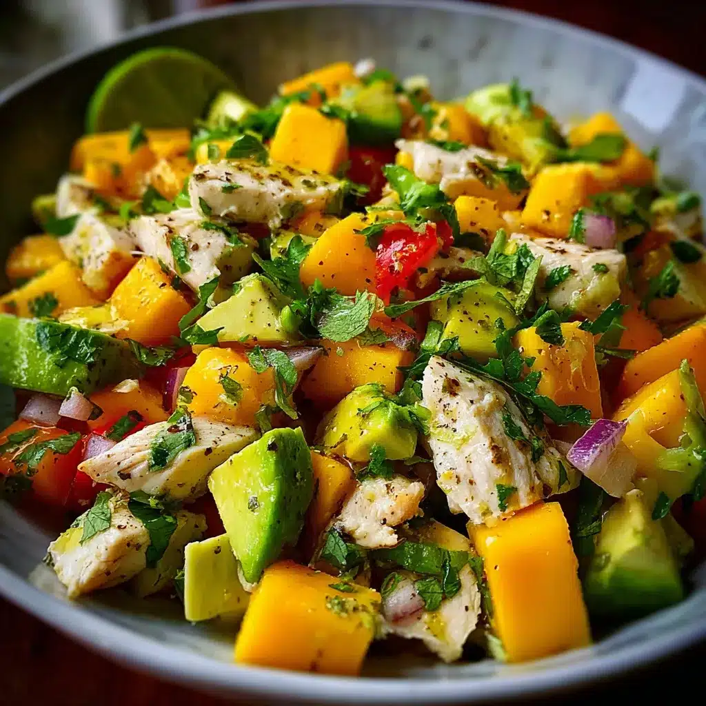 Ensalada de pollo, mango y aguacate servida en un bol con hojas verdes