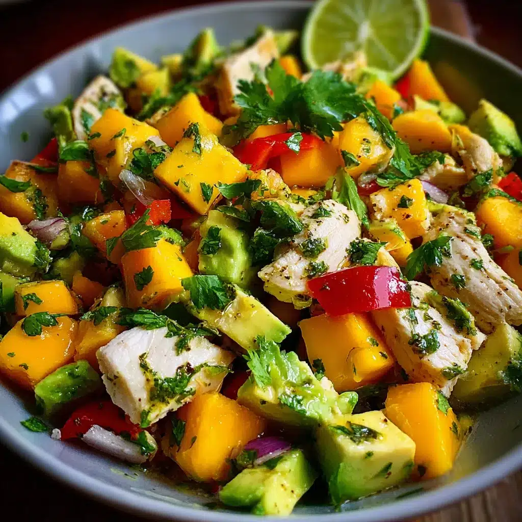 Ensalada de pollo, mango y aguacate servida en un bol con hojas verdes