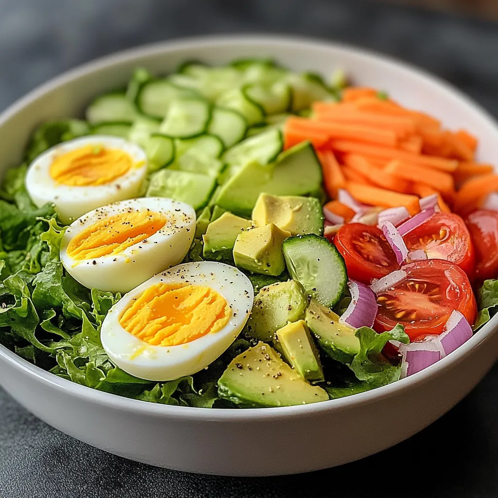 Ensalada saludable y completa con aguacate, huevo y verduras frescas en un plato blanco