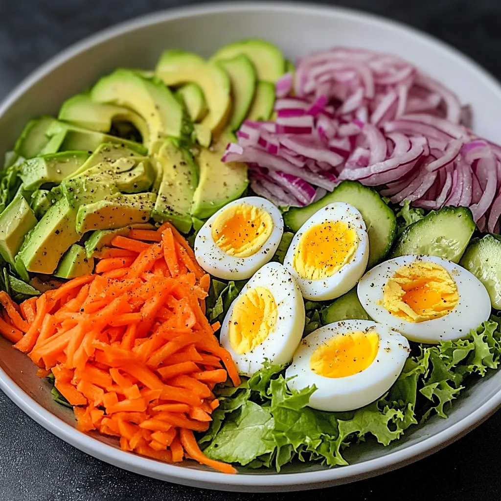 Ensalada saludable y completa con aguacate, huevo y verduras frescas en un plato blanco