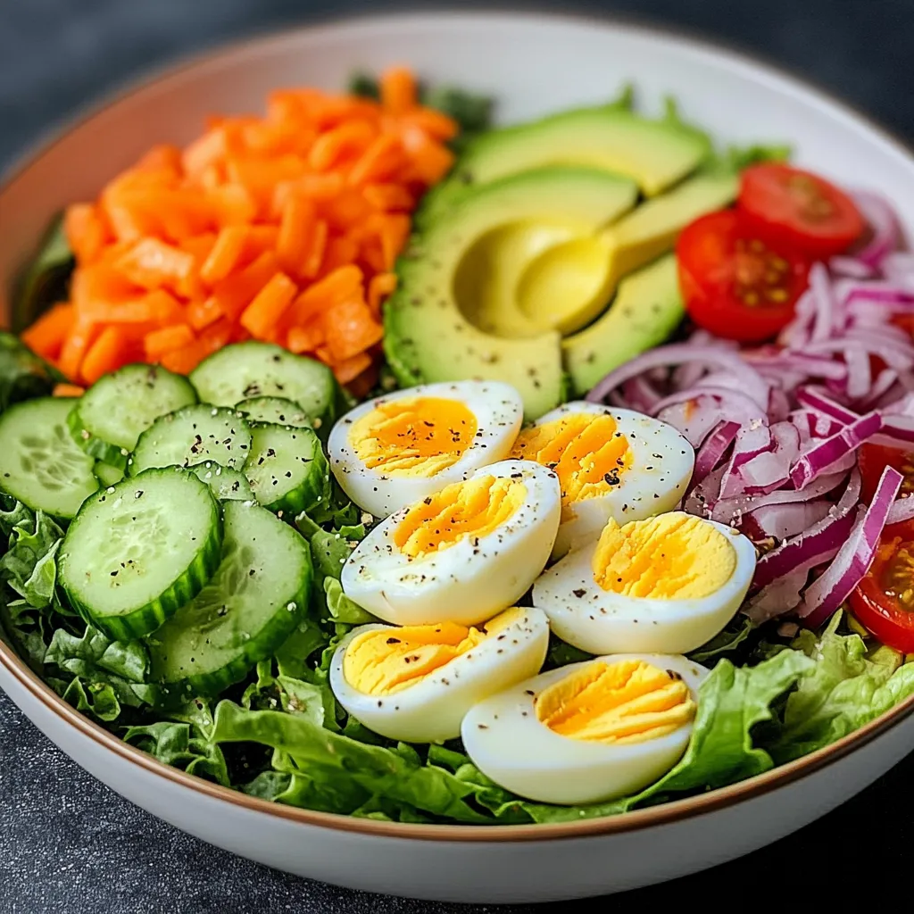 Ensalada saludable y completa con aguacate, huevo y verduras frescas en un plato blanco