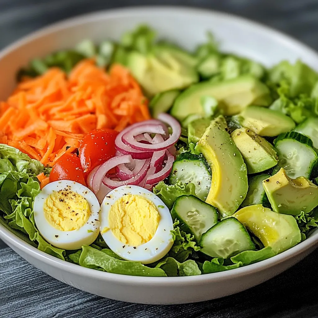 Ensalada saludable y completa con aguacate, huevo y verduras frescas en un plato blanco