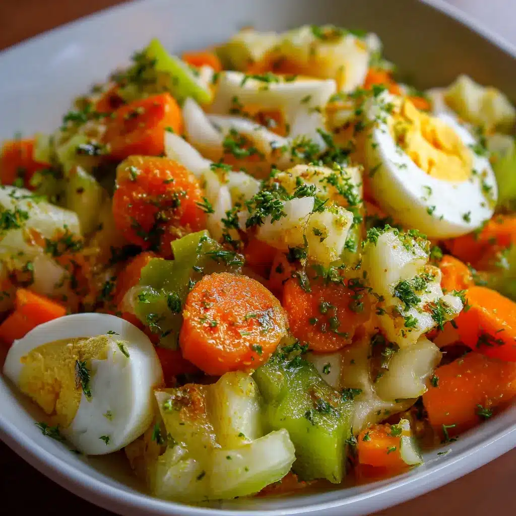Ensalada de chayotes, zanahorias y cebolla caramelizada con huevo duro servida en un bol blanco