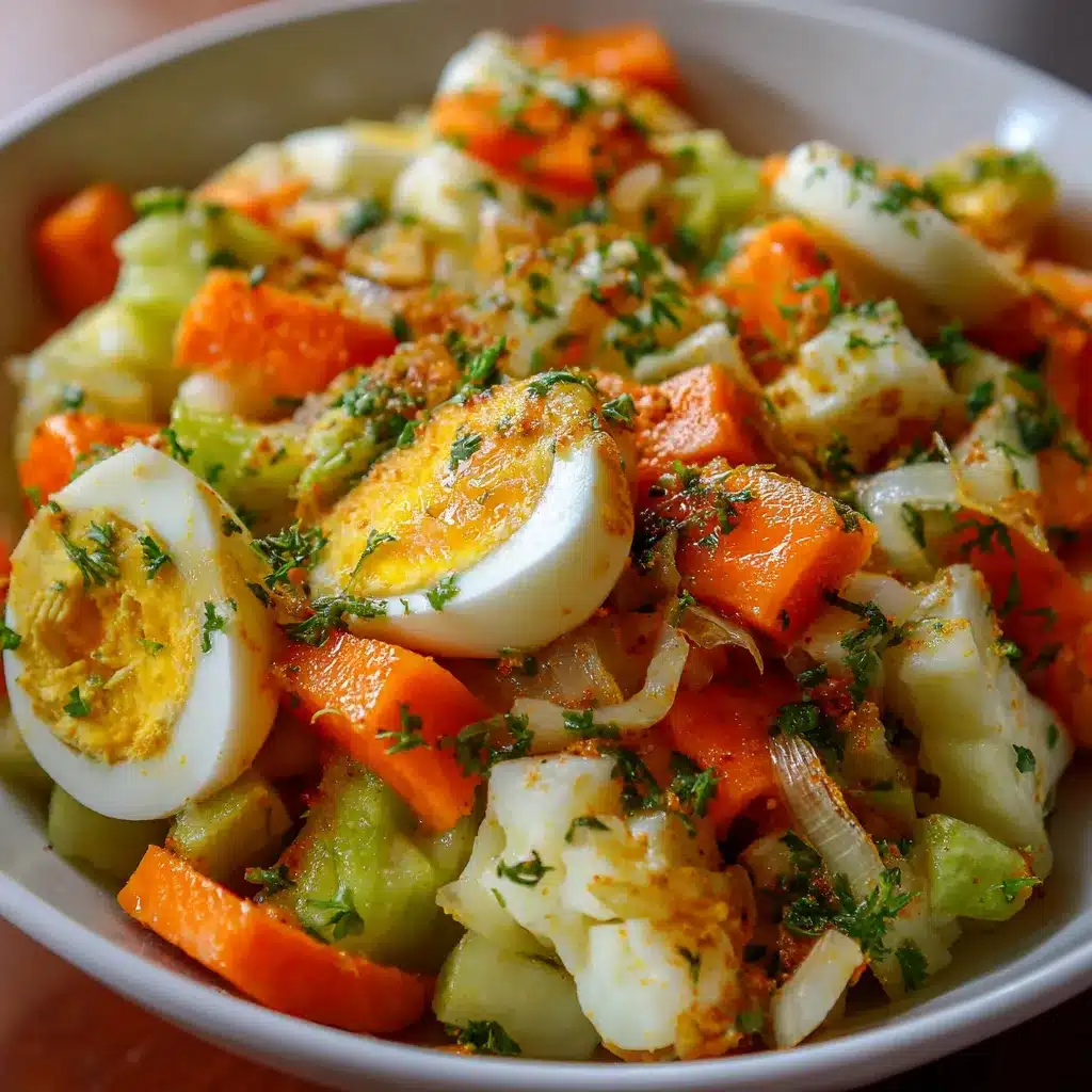 Ensalada de chayotes, zanahorias y cebolla caramelizada con huevo duro servida en un bol blanco