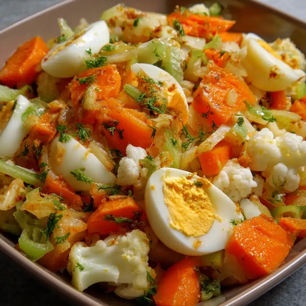 Ensalada de chayotes, zanahorias y cebolla caramelizada con huevo duro servida en un bol blanco