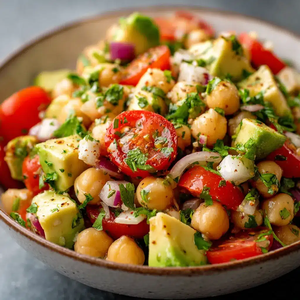 Ensalada de garbanzos con aguacate y tomate fresca en bol de cerámica