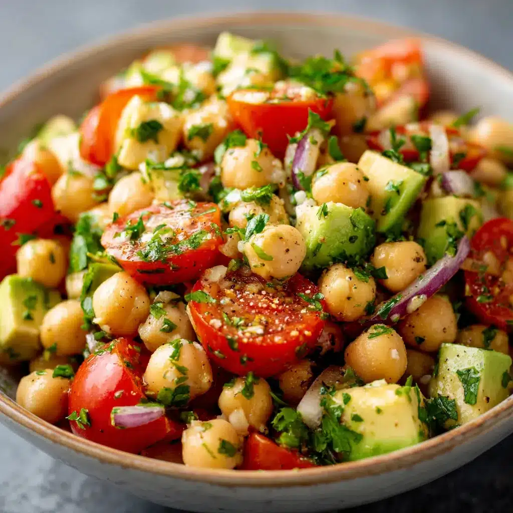 Ensalada de garbanzos con aguacate y tomate fresca en bol de cerámica