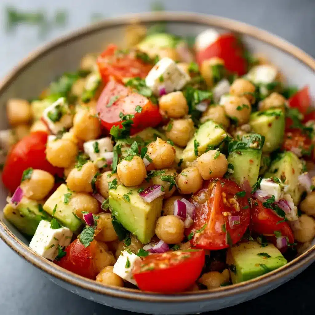 Ensalada de garbanzos con aguacate y tomate fresca en bol de cerámica