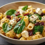 Ensalada de pasta con espinacas, queso feta y arándanos servida en un tazón blanco
