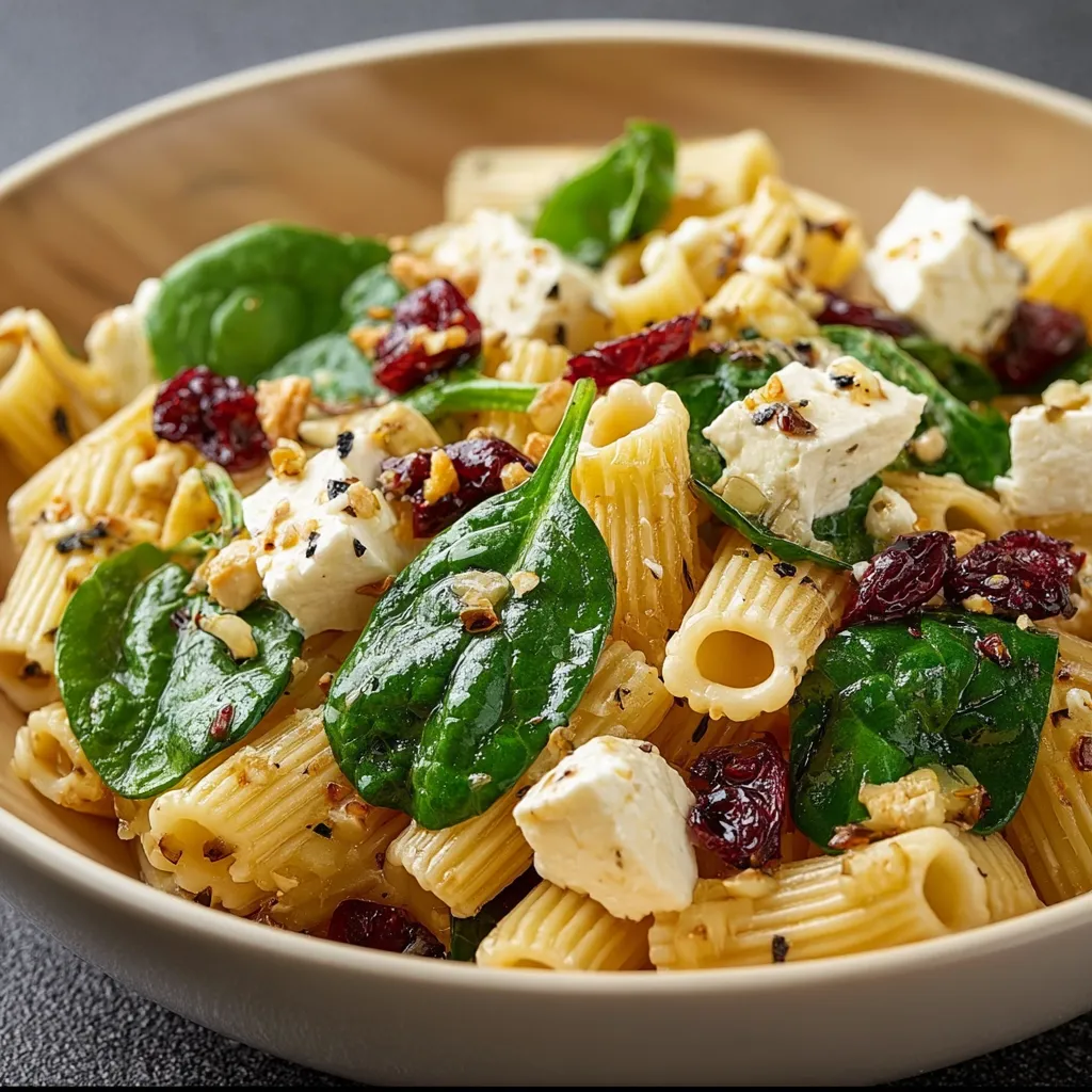 Ensalada de pasta con espinacas, queso feta y arándanos servida en un tazón blanco