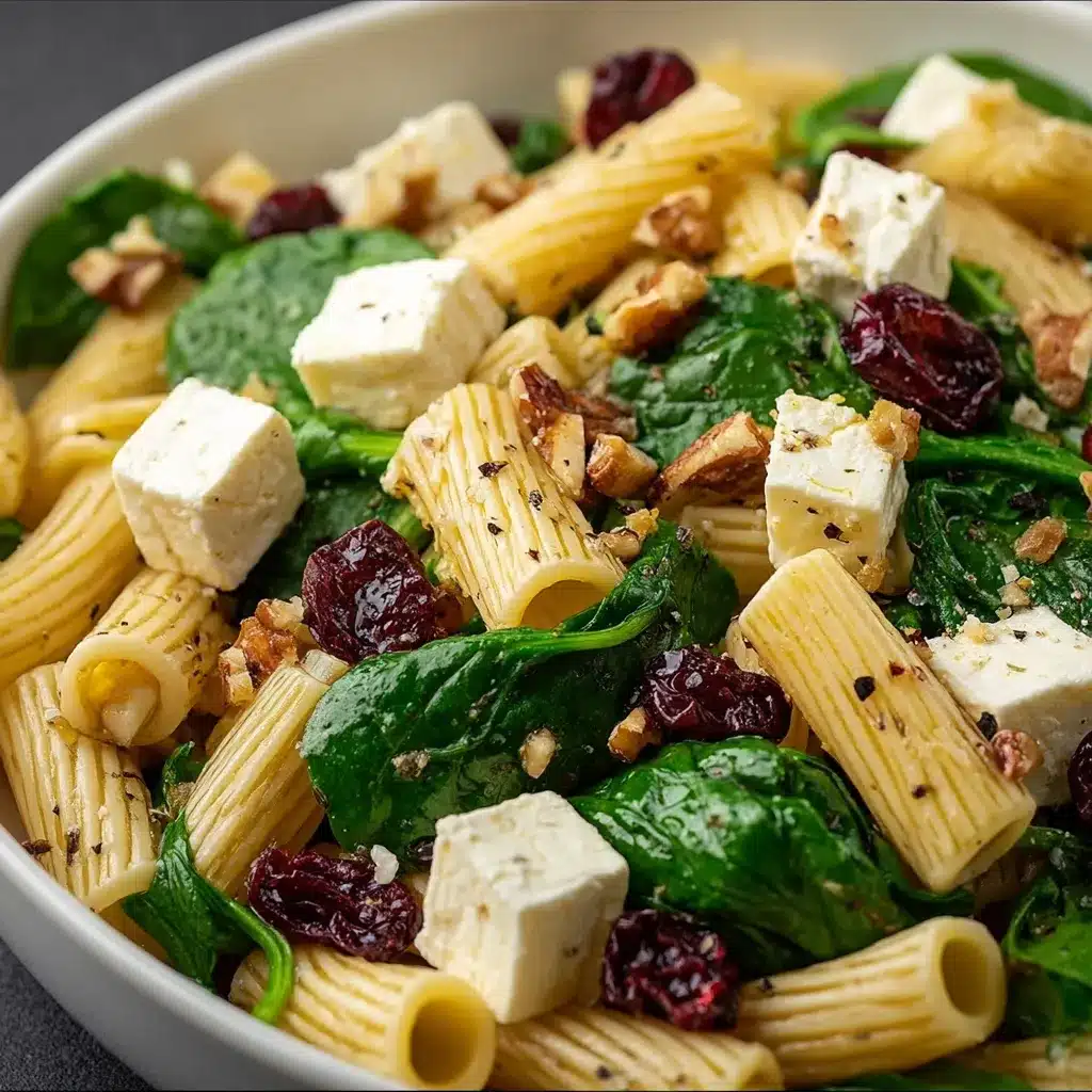 Ensalada de pasta con espinacas, queso feta y arándanos servida en un tazón blanco